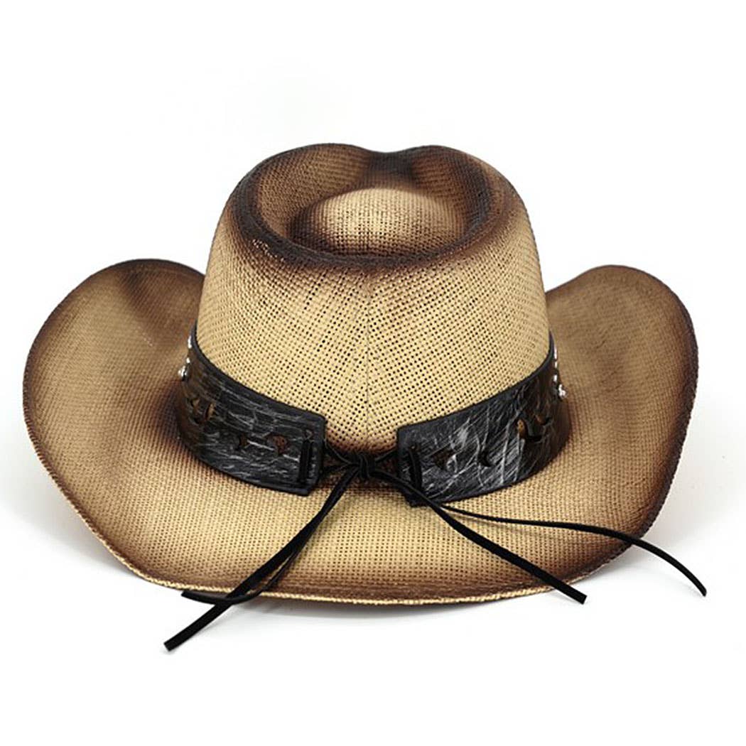 Vintage Straw CowboyHat With Turquoise Gem Flower ConchoBand