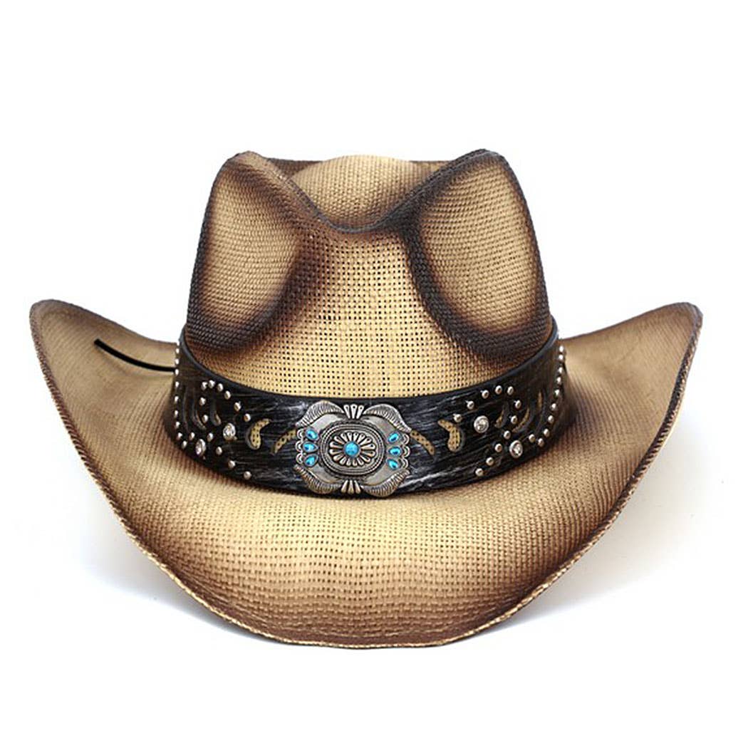 Vintage Straw CowboyHat With Turquoise Gem Flower ConchoBand