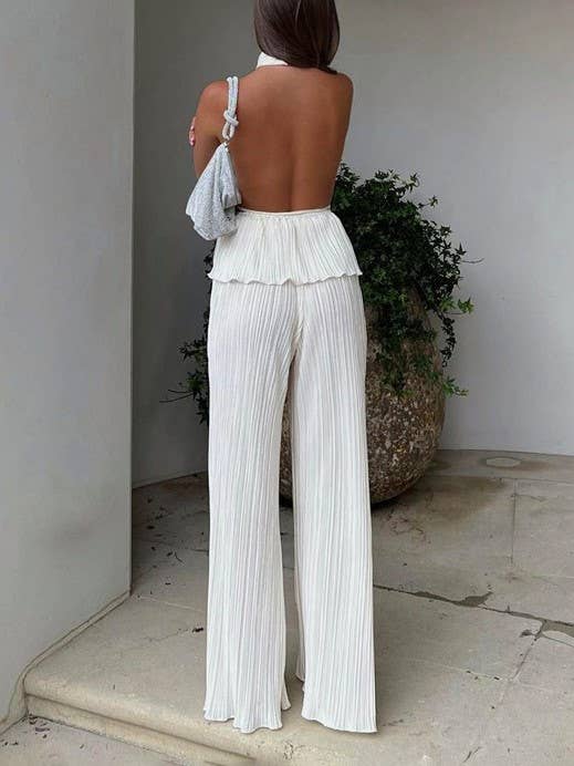 Halterneck Sexy Tank Top Pleated Trouser Set