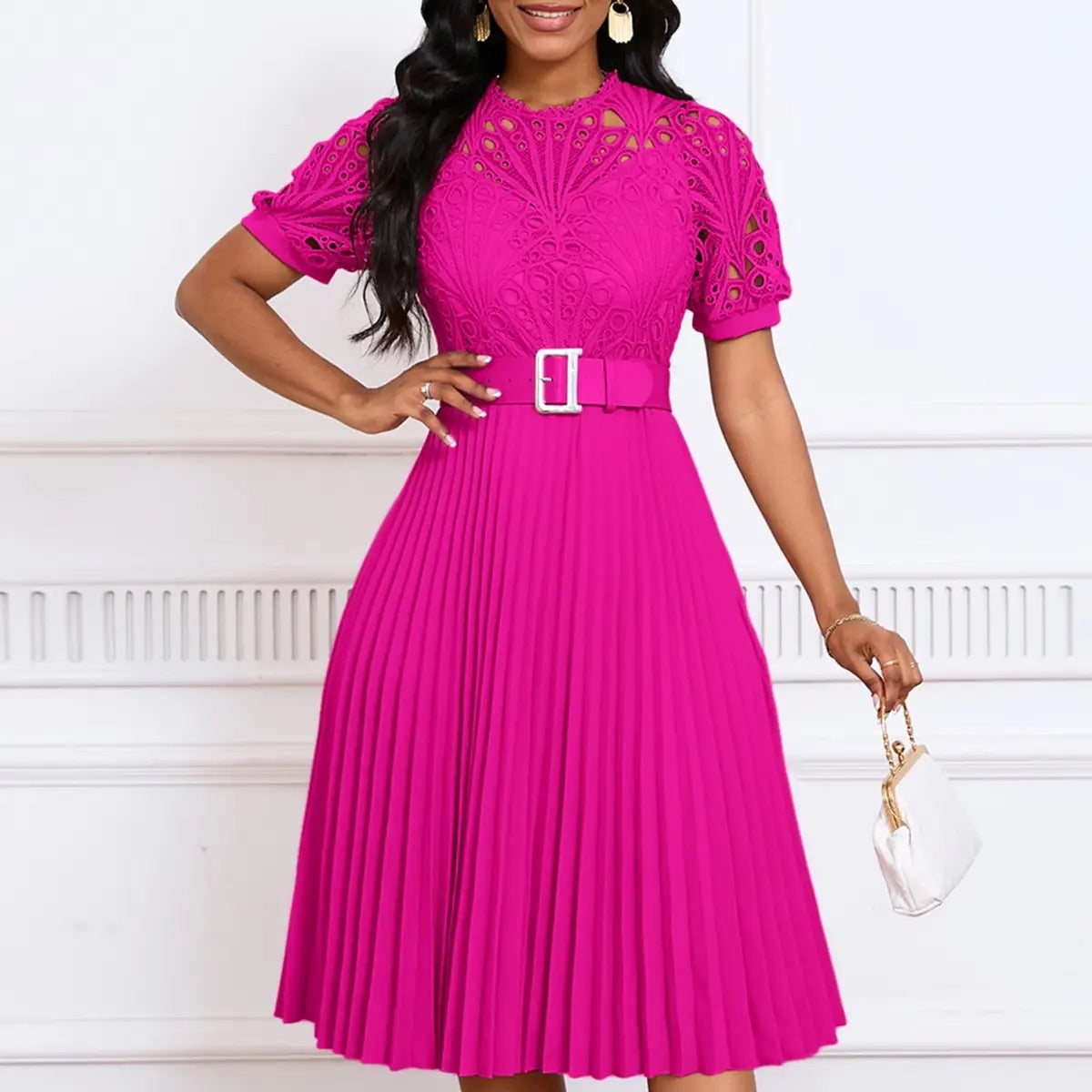 Stylish pink Pleated Dress “Large”