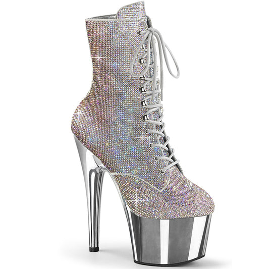 Silver Rhinestone Lace-Up Platform Boots | ADORE-1020CHRS 7-Inch Chrome Heels | Exotic Dance & Performance Footwear | Rosario’s Boutique