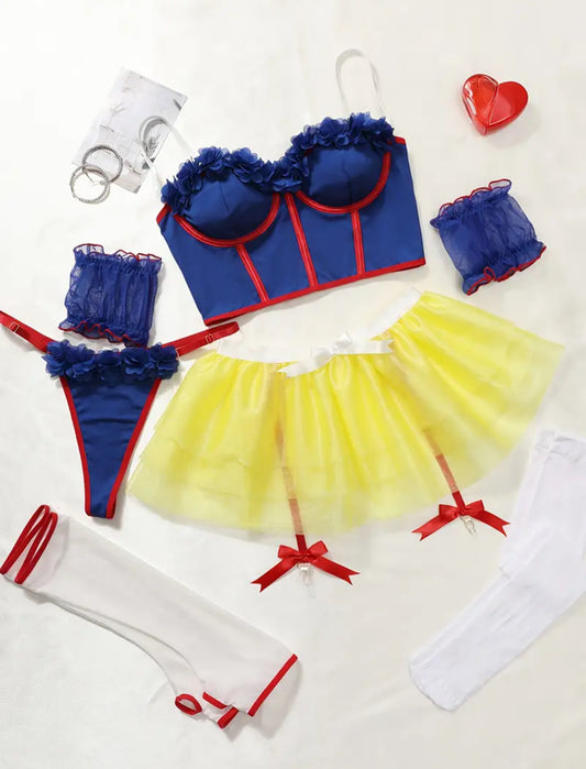 Playing Fairytale Princess Lingerie Set-Delicate Lace Trim Bra Skinny Underwire Top Flirty Short Skirt