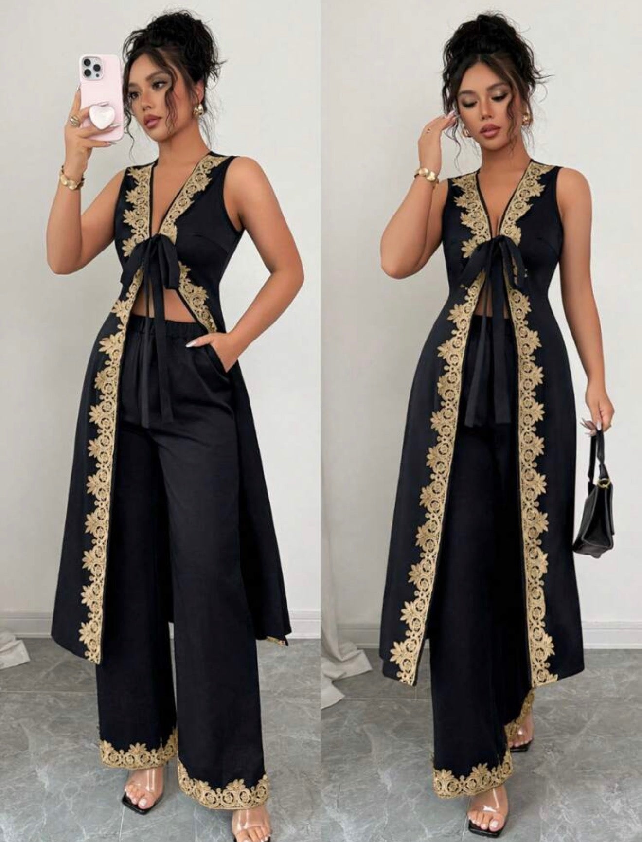 Selianne 2pcs/Set Women Summer V-Neck Tie Bow Sleeveless Floral Lace Trim Long Tops & Wide Leg Pants
