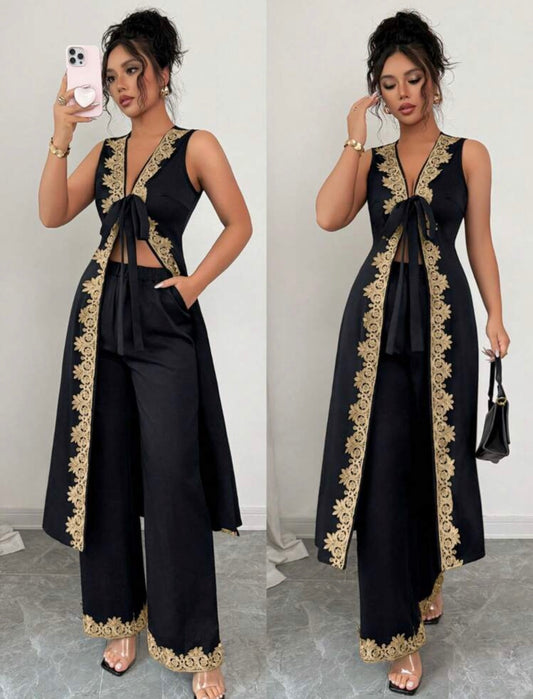 Selianne 2pcs/Set Women Summer V-Neck Tie Bow Sleeveless Floral Lace Trim Long Tops & Wide Leg Pants