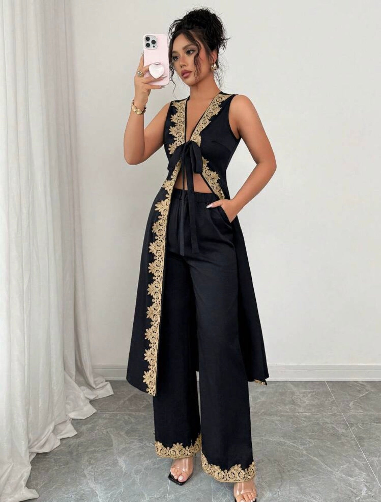 Selianne 2pcs/Set Women Summer V-Neck Tie Bow Sleeveless Floral Lace Trim Long Tops & Wide Leg Pants