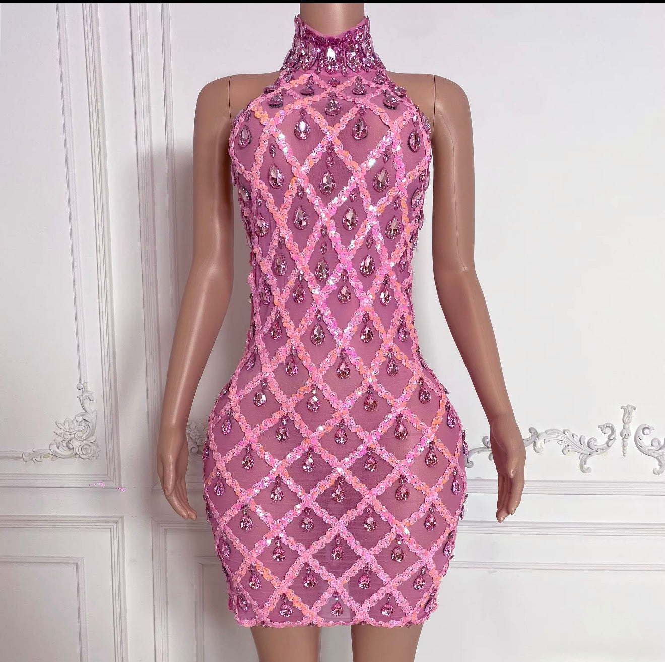Luxury Sexy Short Evening Dresses Women Night  Pink Small