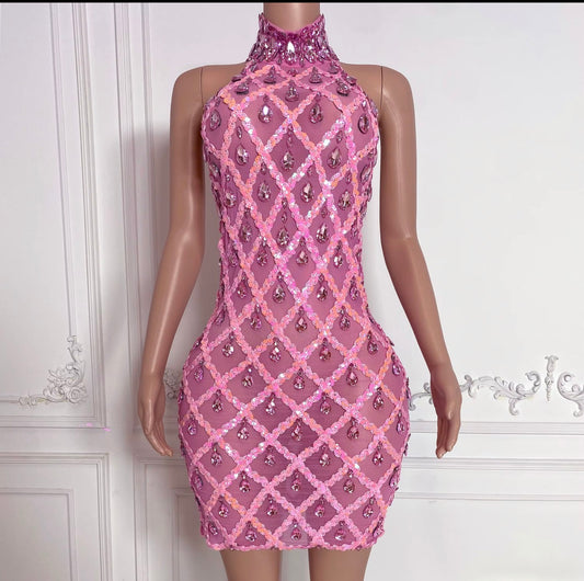 Luxury Sexy Short Evening Dresses Women Night  Pink Small