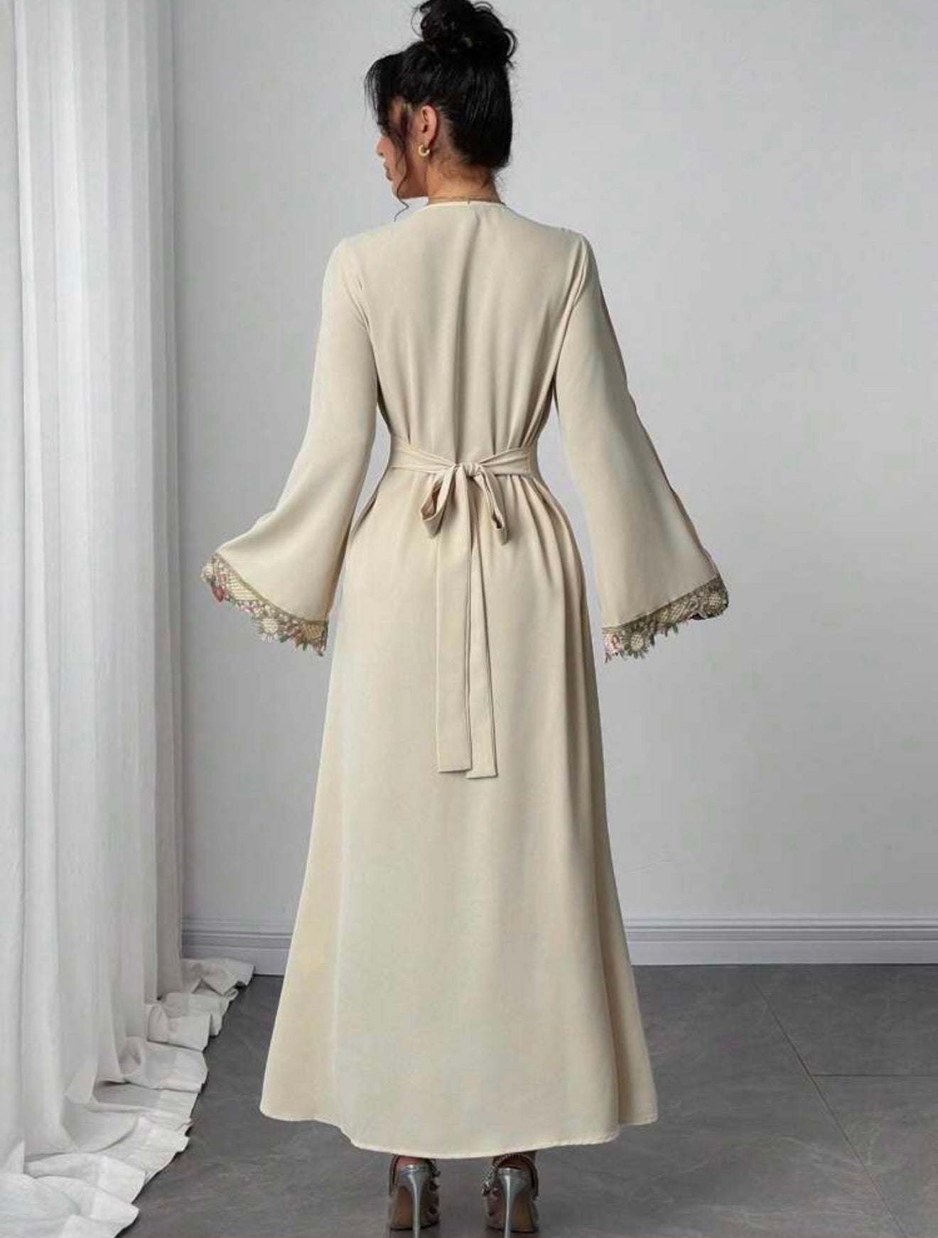 Raffinéa Women's Loose V-Neck Ruffle Trim Long Sleeve Robe/Long Dress, Turkish Robe, Arabic House Dress Fall Cloth For Women