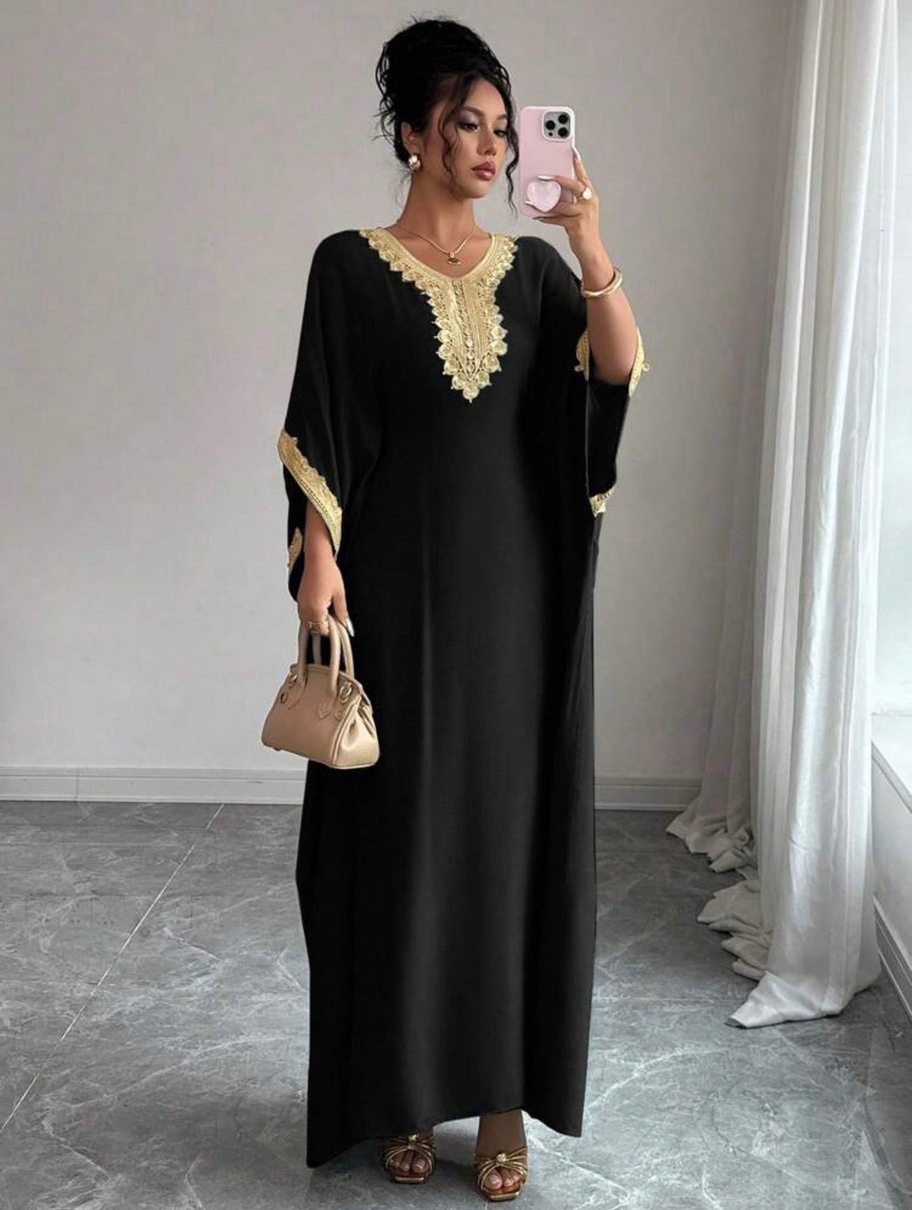Elenzga Women's Loose Fit V-Neck Batwing Sleeve Dress With Applique Decor, Elegant