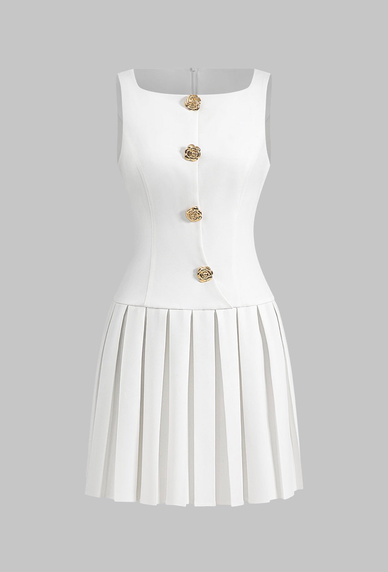 Metallic Button Sleeveless Tan Mini Dress White - Small