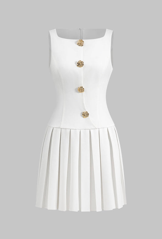 Metallic Button Sleeveless Tan Mini Dress White - Small