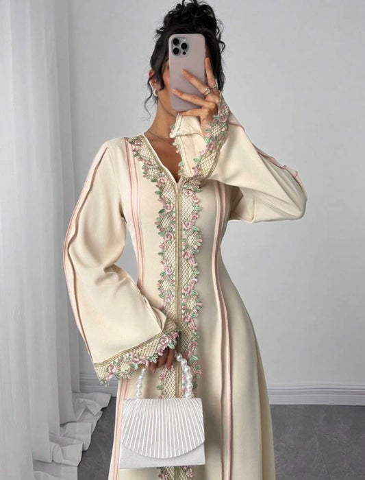 Raffinéa Women's Loose V-Neck Ruffle Trim Long Sleeve Robe/Long Dress, Turkish Robe, Arabic House Dress Fall Cloth For Women