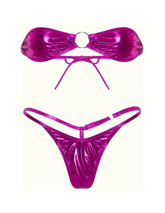 Sexy Solid Color Lingerie Set, Shiny Metallic One Size