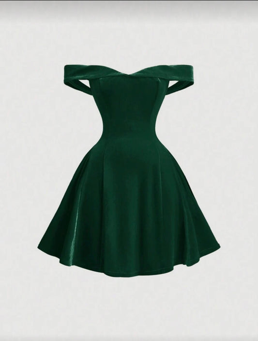 1pc Off-Shoulder Vintage Palace Style Women Mini Dress Green - Small