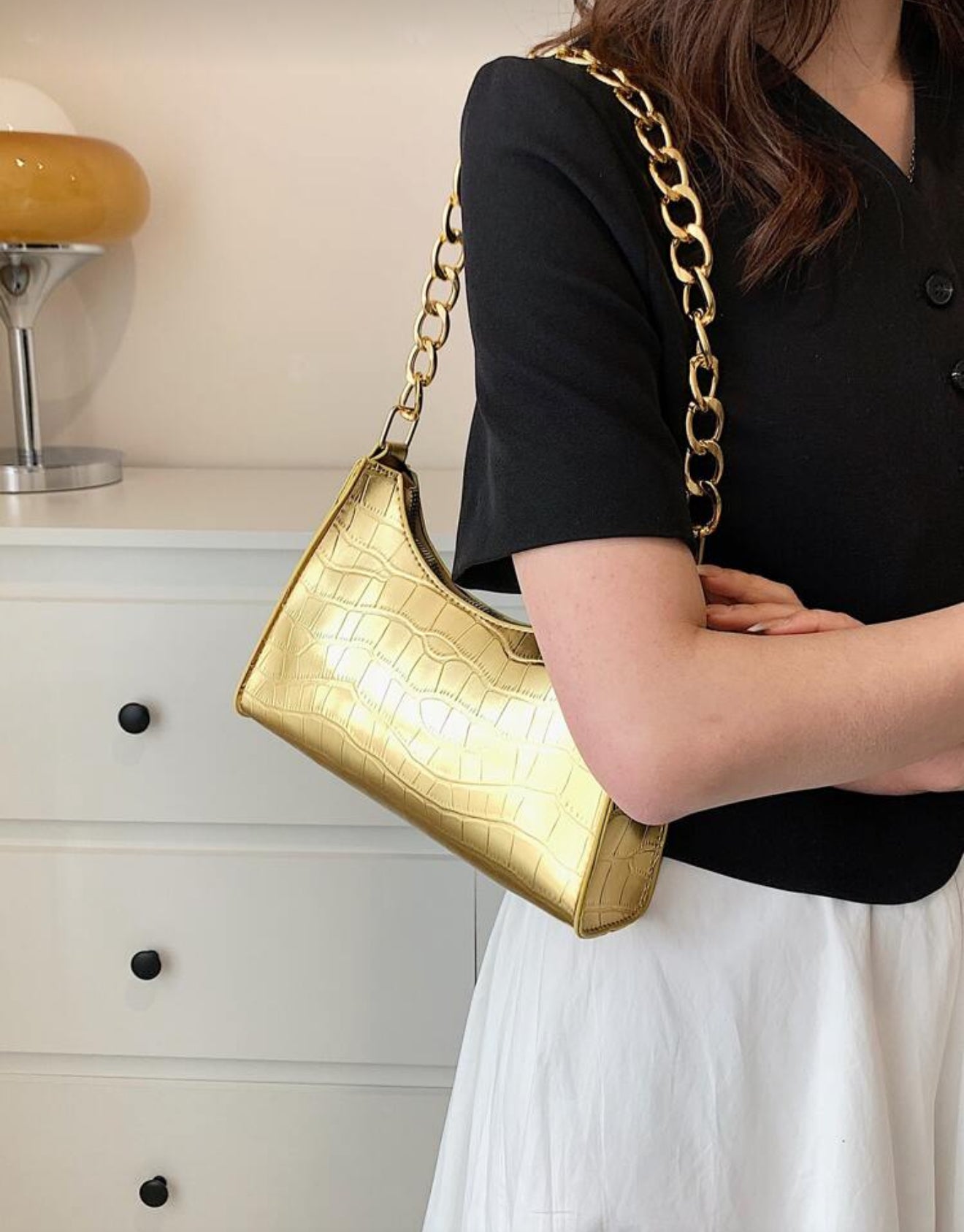Embossed Baguette Gold Bag