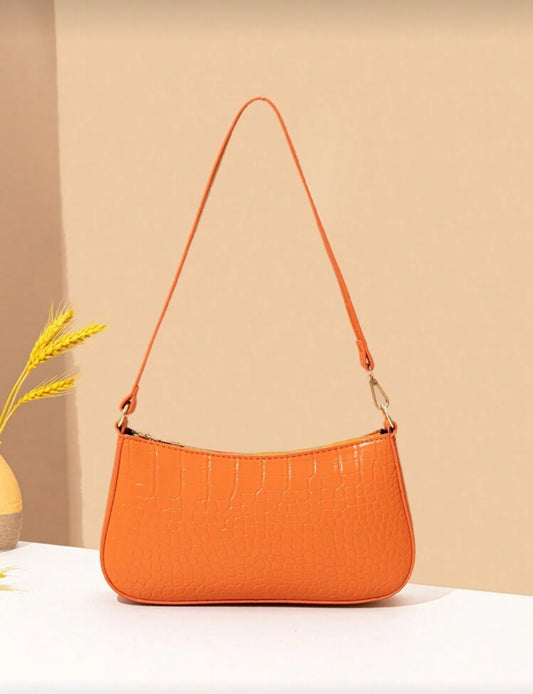 Women's Fashion Solid Color Crocodile Pattern Baguette Shoulder Bag