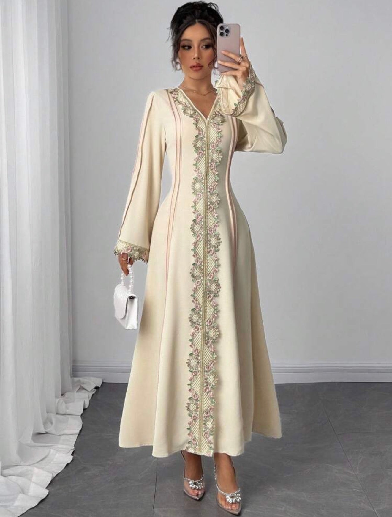 Raffinéa Women's Loose V-Neck Ruffle Trim Long Sleeve Robe/Long Dress, Turkish Robe, Arabic House Dress Fall Cloth For Women