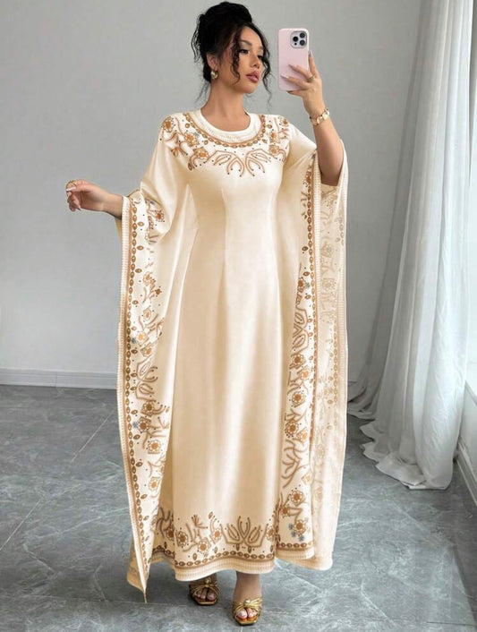 Elenzya Elegant Waist-Cinched Round Neck Long Floral Print Dress For Women, Suitable For Formal Occasion