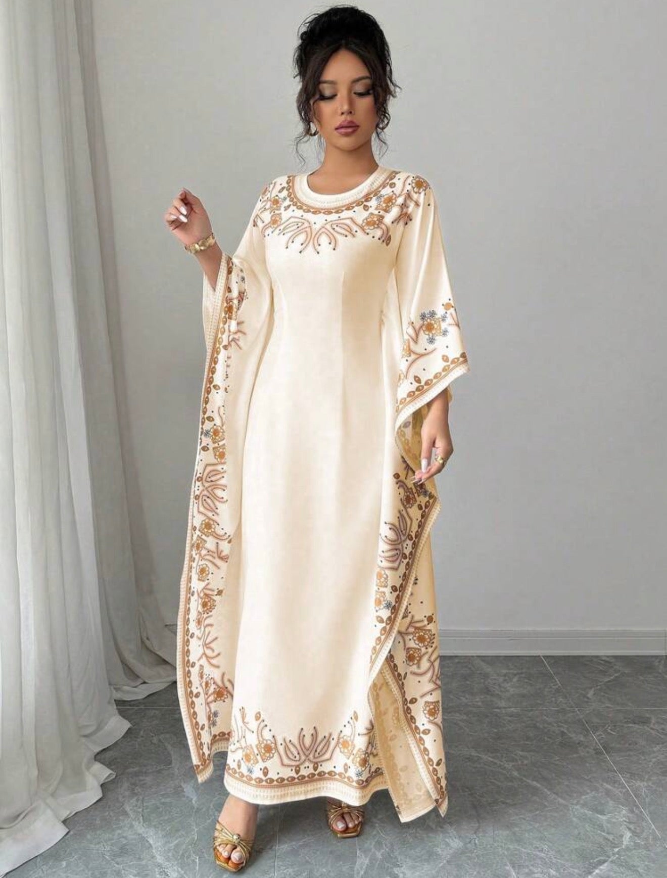 Elenzya Elegant Waist-Cinched Round Neck Long Floral Print Dress For Women, Suitable For Formal Occasion