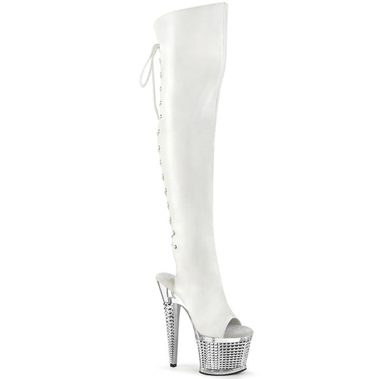 White Thigh High Platform Boots | SPECTATOR-3019 Studded Chrome Heels | Performance & Pole Dance Footwear | Rosario’s Boutique