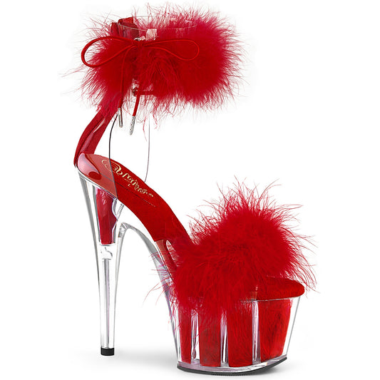 Red Feather Platform Heels | ADORE-724F by Pleaser | Fluffy Marabou Ankle Strap Sandals for Women