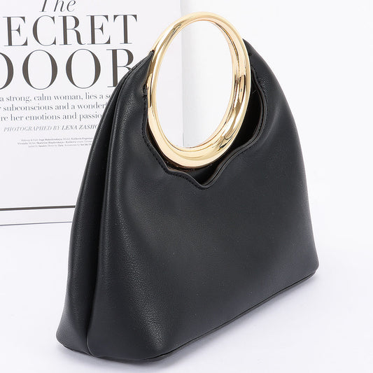 Faux Leather Round Metal Handle Bag Black