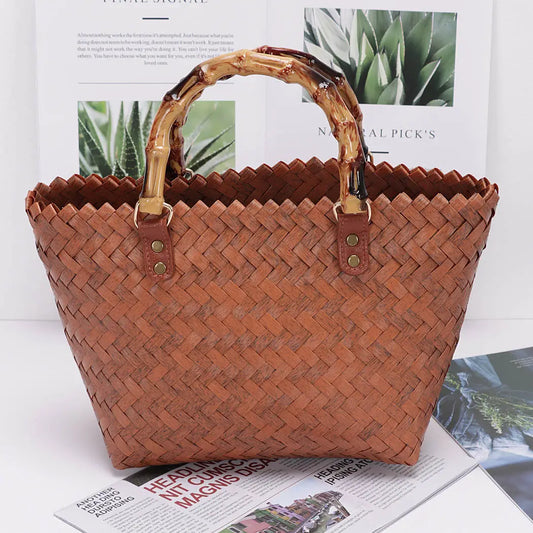 Pvc Braided Top Handle Bag Brown