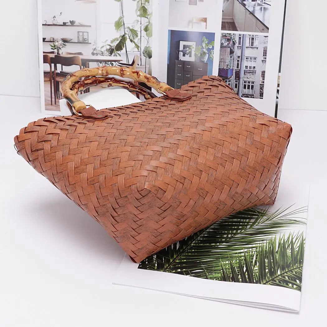 Pvc Braided Top Handle Bag Brown