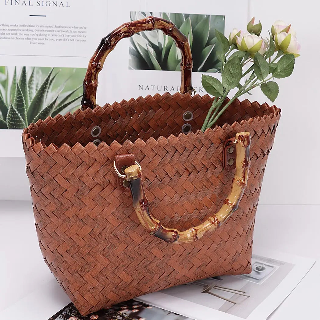Pvc Braided Top Handle Bag Brown