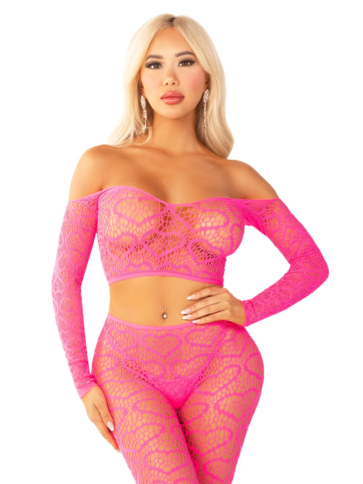 89337 2 PC Heart Net Off-the-Shoulder Crop Top and Footless Tights