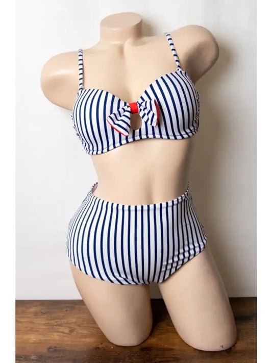 Cute Bowtie Striped High Waist Swimwear Set Color 
Navy Pattern Striped