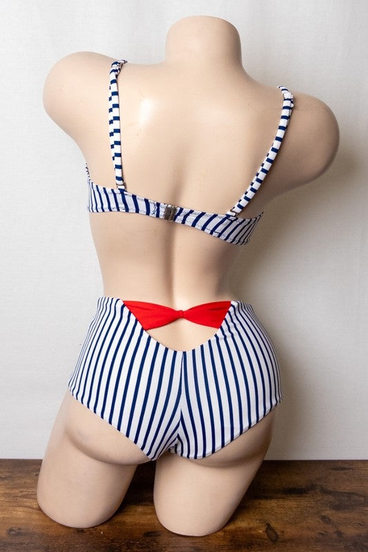 Cute Bowtie Striped High Waist Swimwear Set Color 
Navy Pattern Striped
