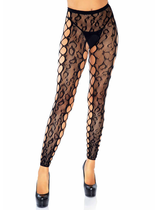7812 Leopard Lace Footless Crotchless Tights with Net Side Panel