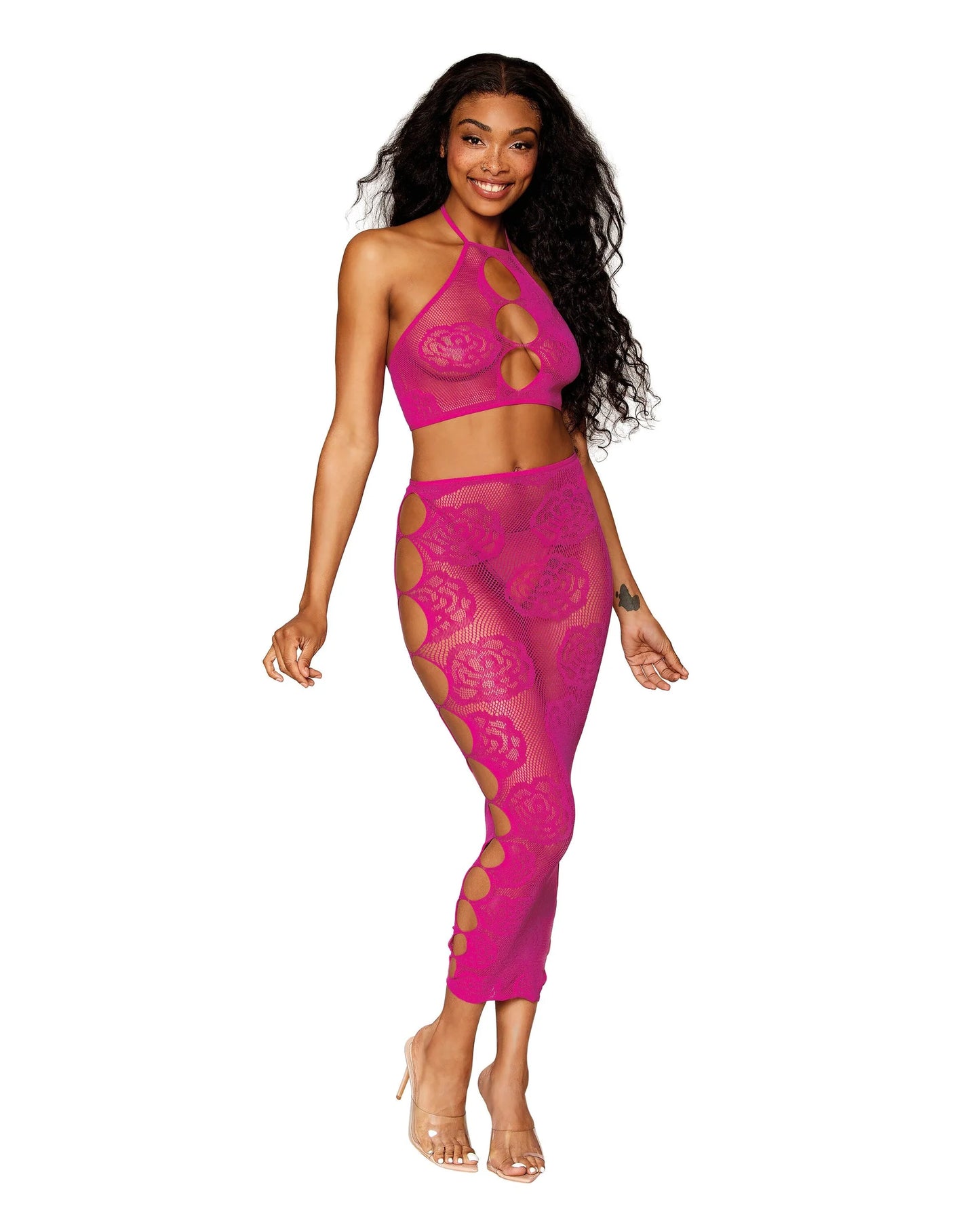 0485 Dreamgirl Seamless Bralette and Long Skirt Set with Knitted Large Rose and Fishnet Pattern