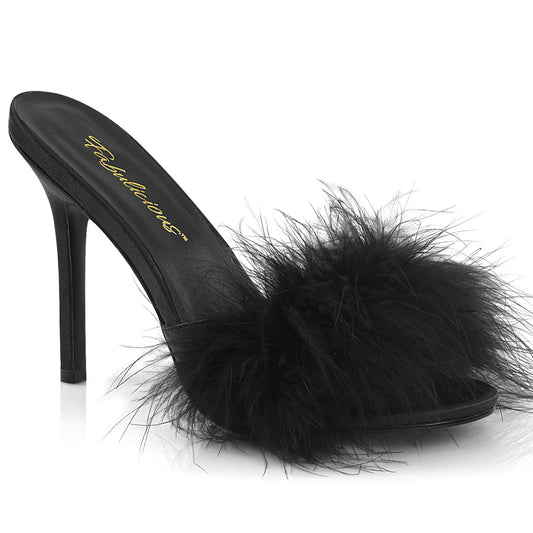Feather Heel Slippers Black Fluffy Sandals || CLASSIQUE-01F by Fabulicious || Retro Glam Women's Shoes