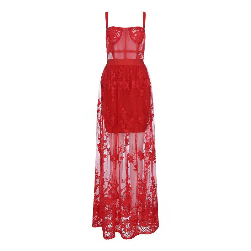Red Lace Sleeveless Hollow Out Long Rayon Bandage Dress “Small”