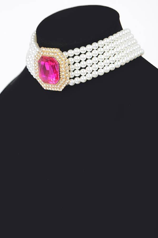 Multi Faux Pearl Chain Stone Choker