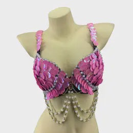 Pink Mermaid Seashells Bra with Pearls Pink ML