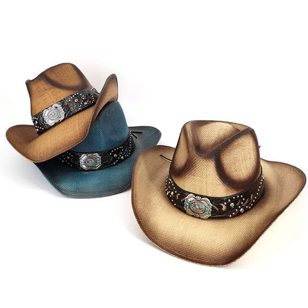 Vintage Straw CowboyHat With Turquoise Gem Flower ConchoBand