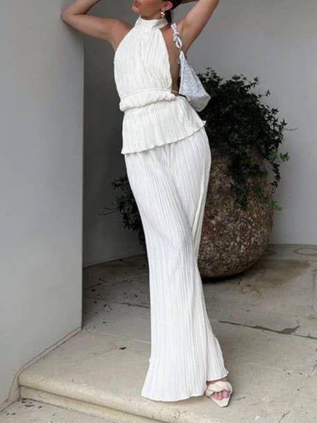 Halterneck Sexy Tank Top Pleated Trouser Set