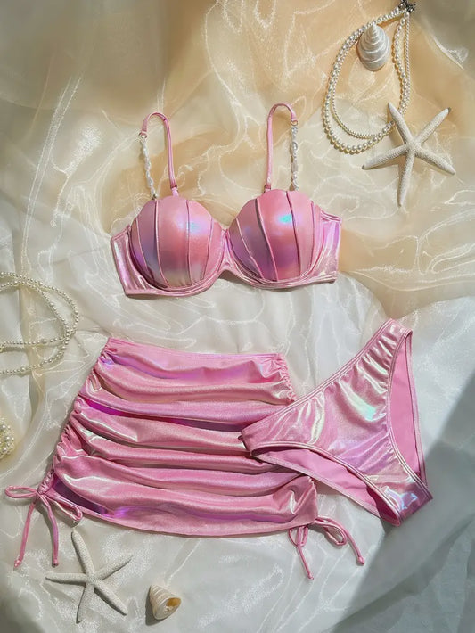 3pcs Pink Shiny Bikini Set
