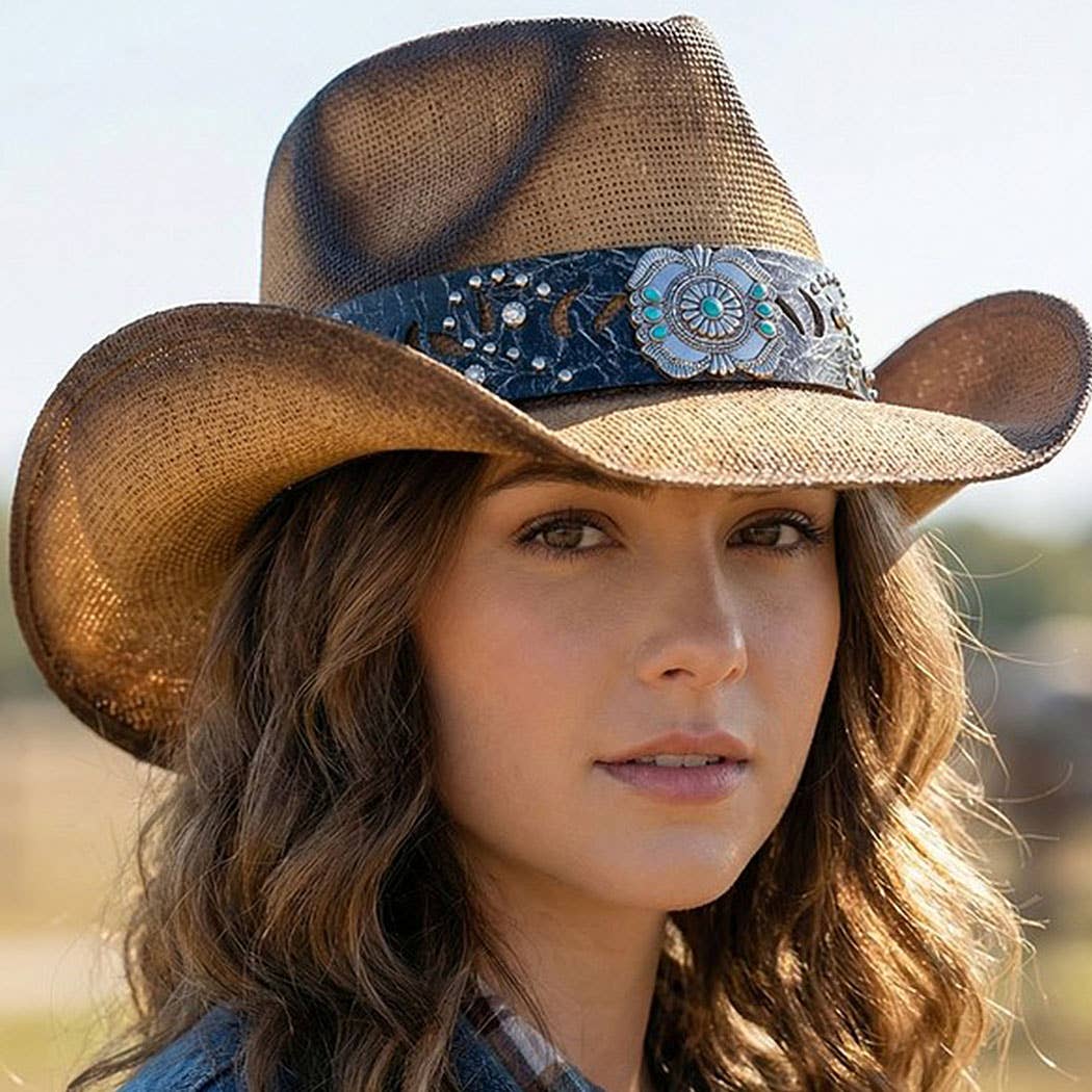 Vintage Straw CowboyHat With Turquoise Gem Flower ConchoBand
