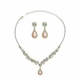 Faux Pear Pearls Rhinestone Bridal Necklace Set Gold