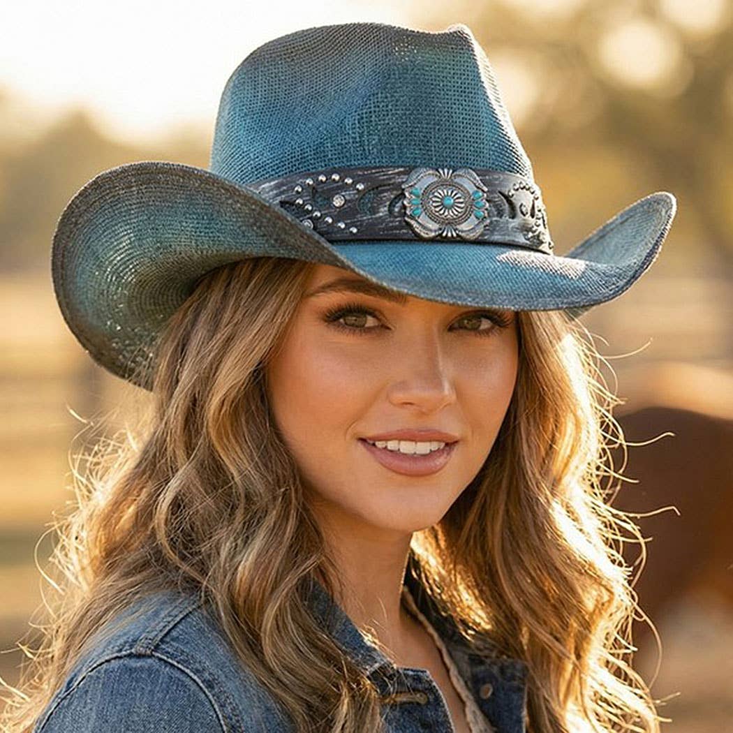 Vintage Straw CowboyHat With Turquoise Gem Flower ConchoBand