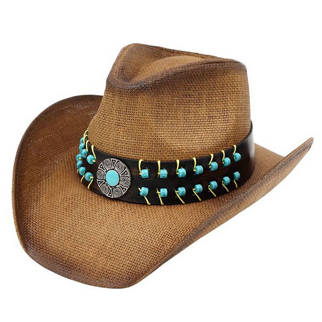 Vintage Turquoise Beaded Straw Cowboy Hat