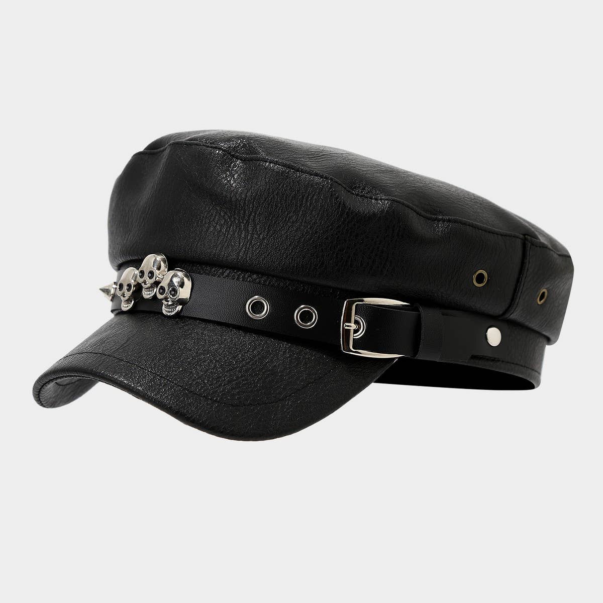 Punk Leather Flat Top Cap Studded Army Hat