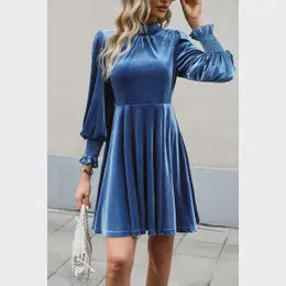 WOMEN HIGH RUFFLED NECK LONG SLEEVE SHORT DRESS Blue